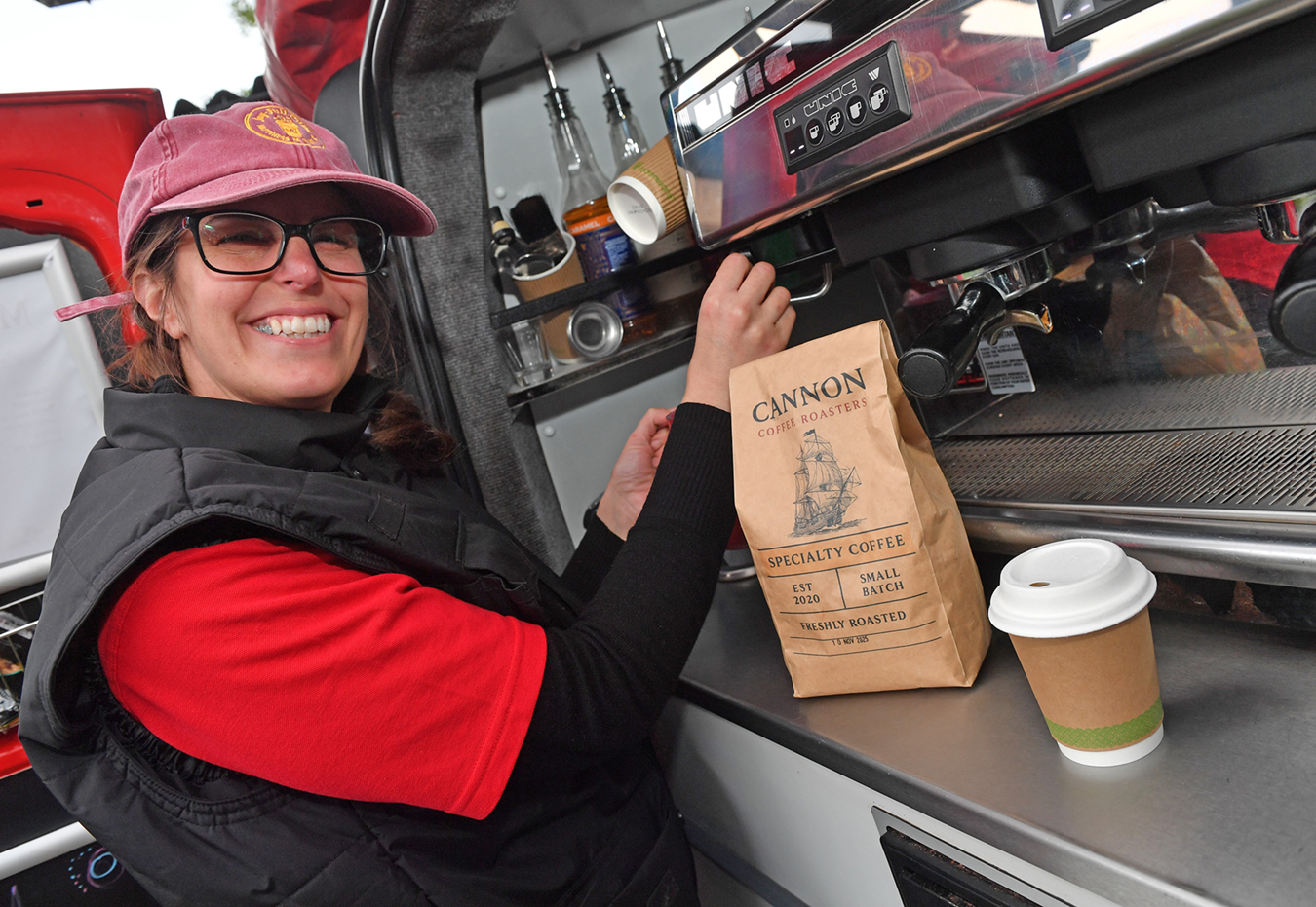 Debbie making a coffee.